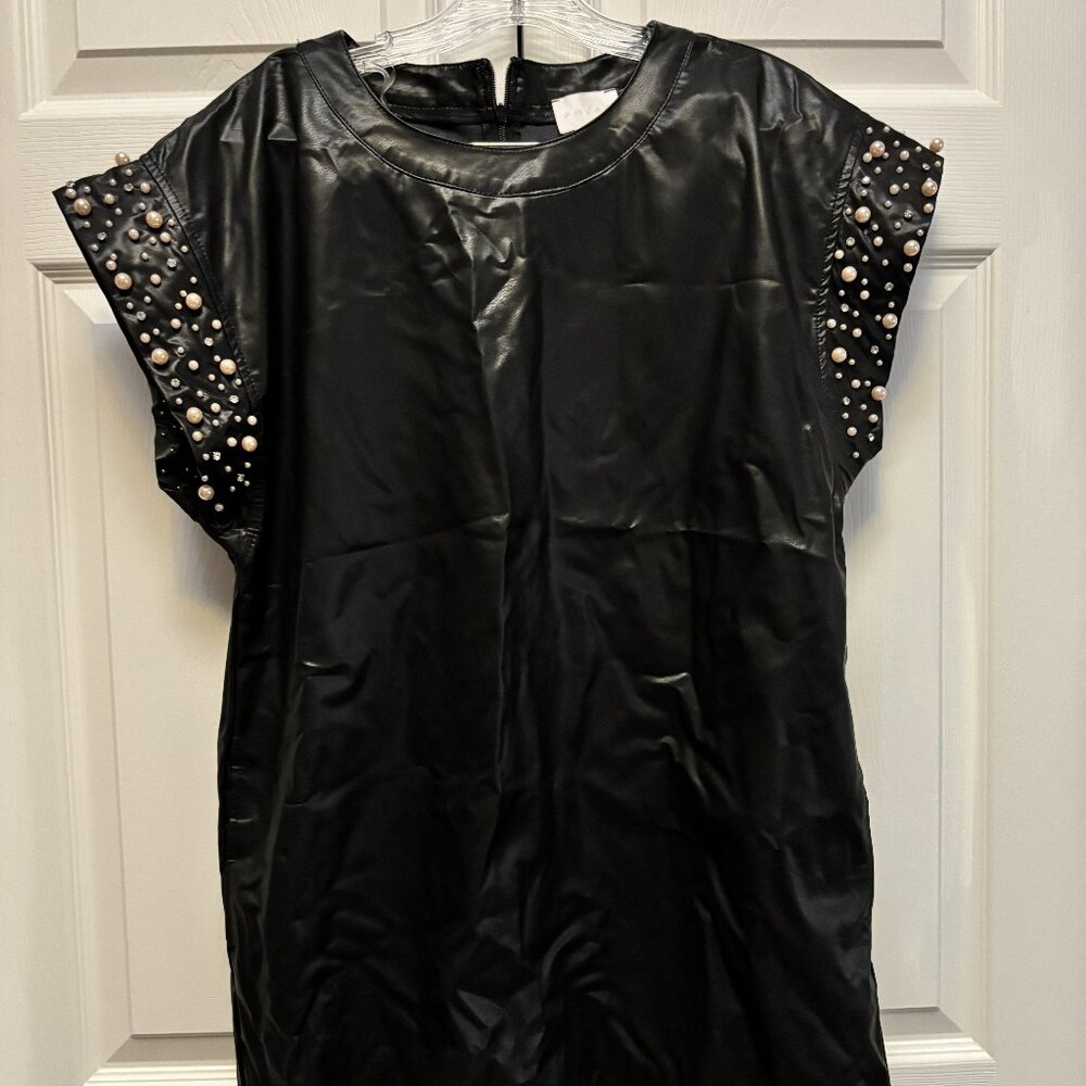 NWT Black Faux Leather Dress Size Medium with Faux Pearl Embellishments